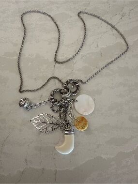 Silver Tone Leaf & Shell Charm Necklace in White and Cream